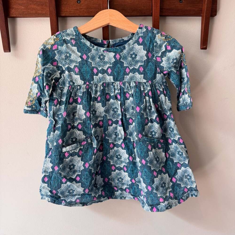Gymboree Smocked Embroidered Dress Teal Pink Geometric 2T